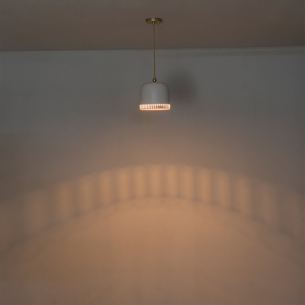 1-Light Gold Iron Semi-Domed Shape Pendant Light with Matte White Metal Shade Hollow Out Design for Living Room
