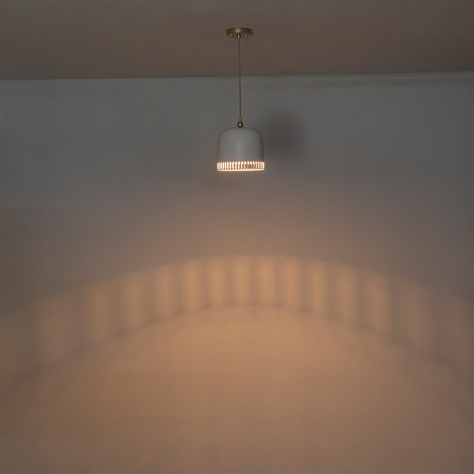 1-Light Gold Iron Semi-Domed Shape Pendant Light with Matte White Metal Shade Hollow Out Design for Living Room