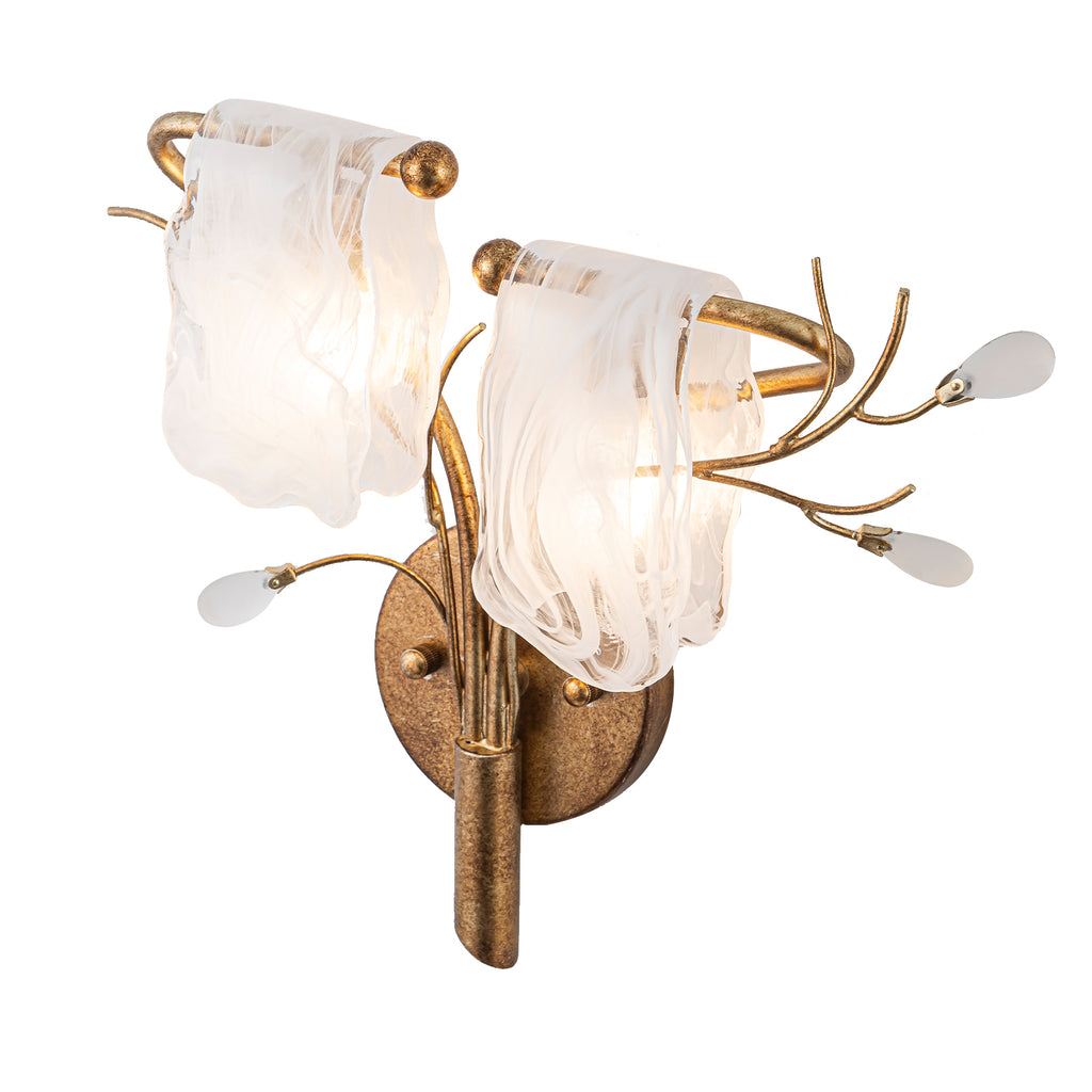 16.14 in. 2-Light Antique Gold Wall Sconce with Clouded Glass Shade, Bedroom Living Room Wall Light