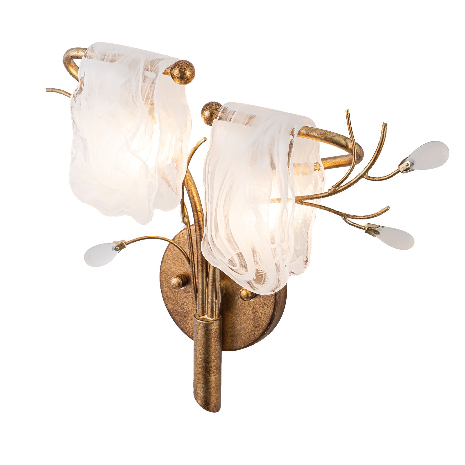 16.14 in. 2-Light Antique Gold Wall Sconce with Clouded Glass Shade, Bedroom Living Room Wall Light