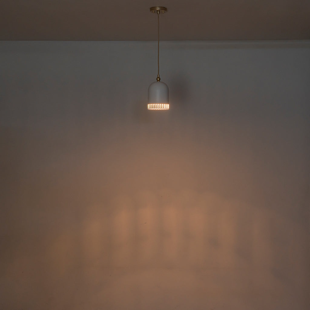 1-Light Gold Iron Semi-Domed Shape Pendant Light with Matte White Metal Shade Hollow Out Design for Living Room