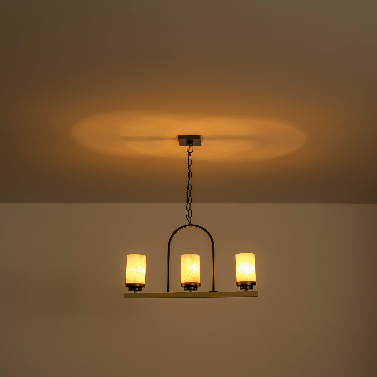 25 in. 3-Light Rustic Industrial Onyx Pendant Light w/Faux Wood Accent & U-Shaped Iron Frame