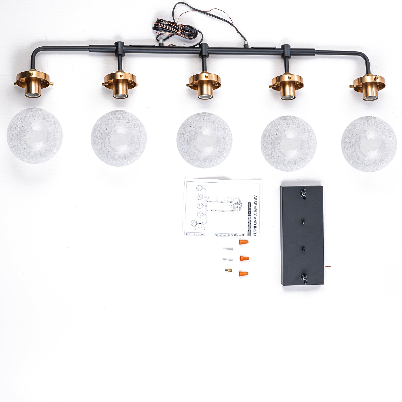 38 in. 5-Light Modern Matte Black Linear Pendant Light with Clear Globe Crackled Glass Shades Island Chandelier