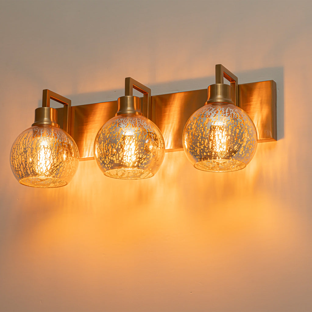 20.47 in. 3-Light Modern Gold Metal Linear Bathroom Vanity Light with Globe Mercury Glass Shades