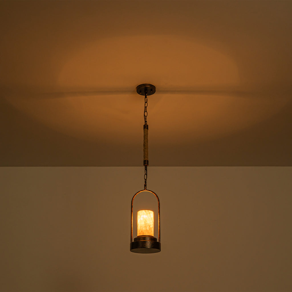 6.69 in. 1-Light Vintage Industrial U-Shaped Iron Pendant Light with Natural Onyx Shade