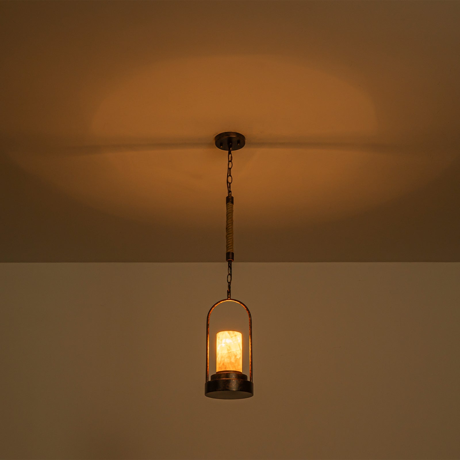6.69 in. 1-Light Vintage Industrial U-Shaped Iron Pendant Light with Natural Onyx Shade