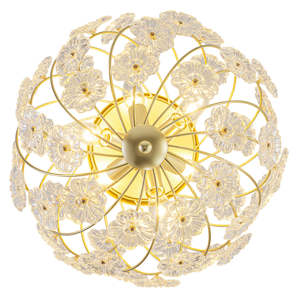 6-Light Modern Metal Gold Globe Cage Chandelier with Glass Flower Shade for Living Room, Dining, Bedroom
