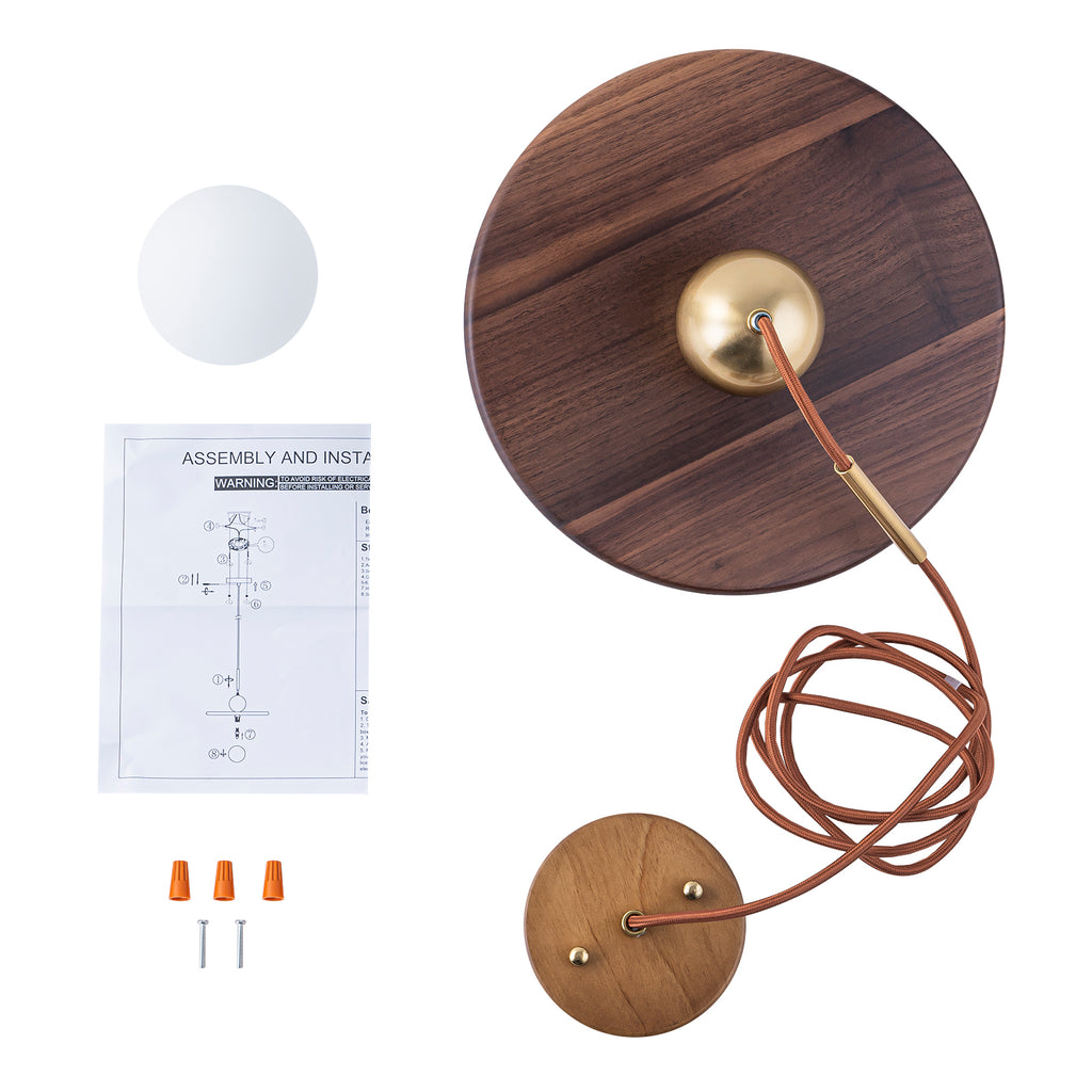 25-Watt 1-Light Modern Gold and Wood Pendant Light with White Globe Glass Shade for Bedroom