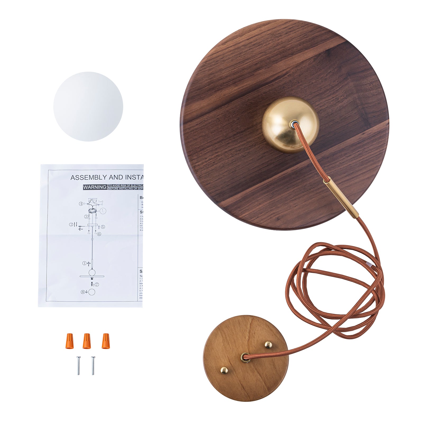 25-Watt 1-Light Modern Gold and Wood Pendant Light with White Globe Glass Shade for Bedroom