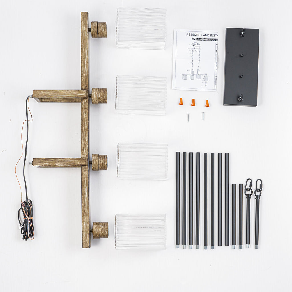 30.5 in. 4-Light Modern Farmhouse Matte Black Linear Chandelier with Faux Wood Accent Island Pendant with Glass Shades