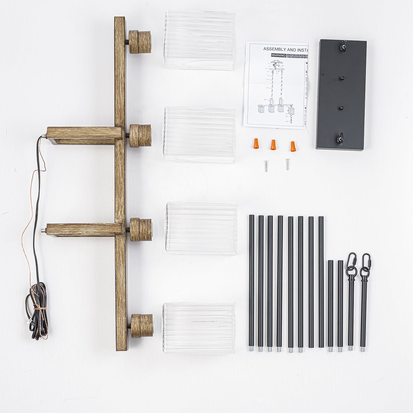 30.5 in. 4-Light Modern Farmhouse Matte Black Linear Chandelier with Faux Wood Accent Island Pendant with Glass Shades