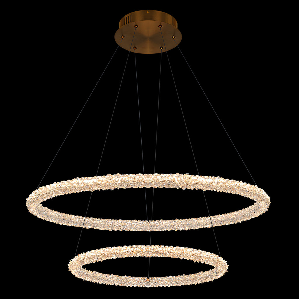 2-Light Modern Gold Double Ring Dimmable Integrated LED Chandelier Tiered Pendant Light with Crystal for Dining Room
