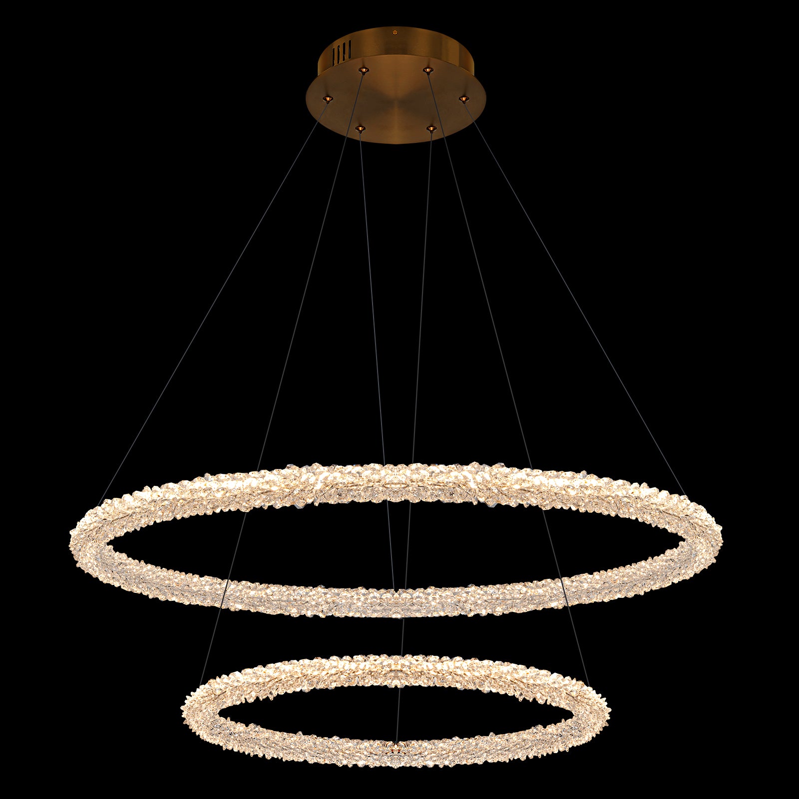 2-Light Modern Gold Double Ring Dimmable Integrated LED Chandelier Tiered Pendant Light with Crystal for Dining Room