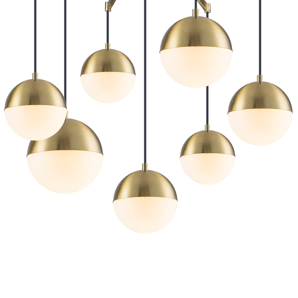 27.4 in. 7-Light Modern Brass Metal Globe Chandelier Hanging Light with White Glass Shades for Living Room