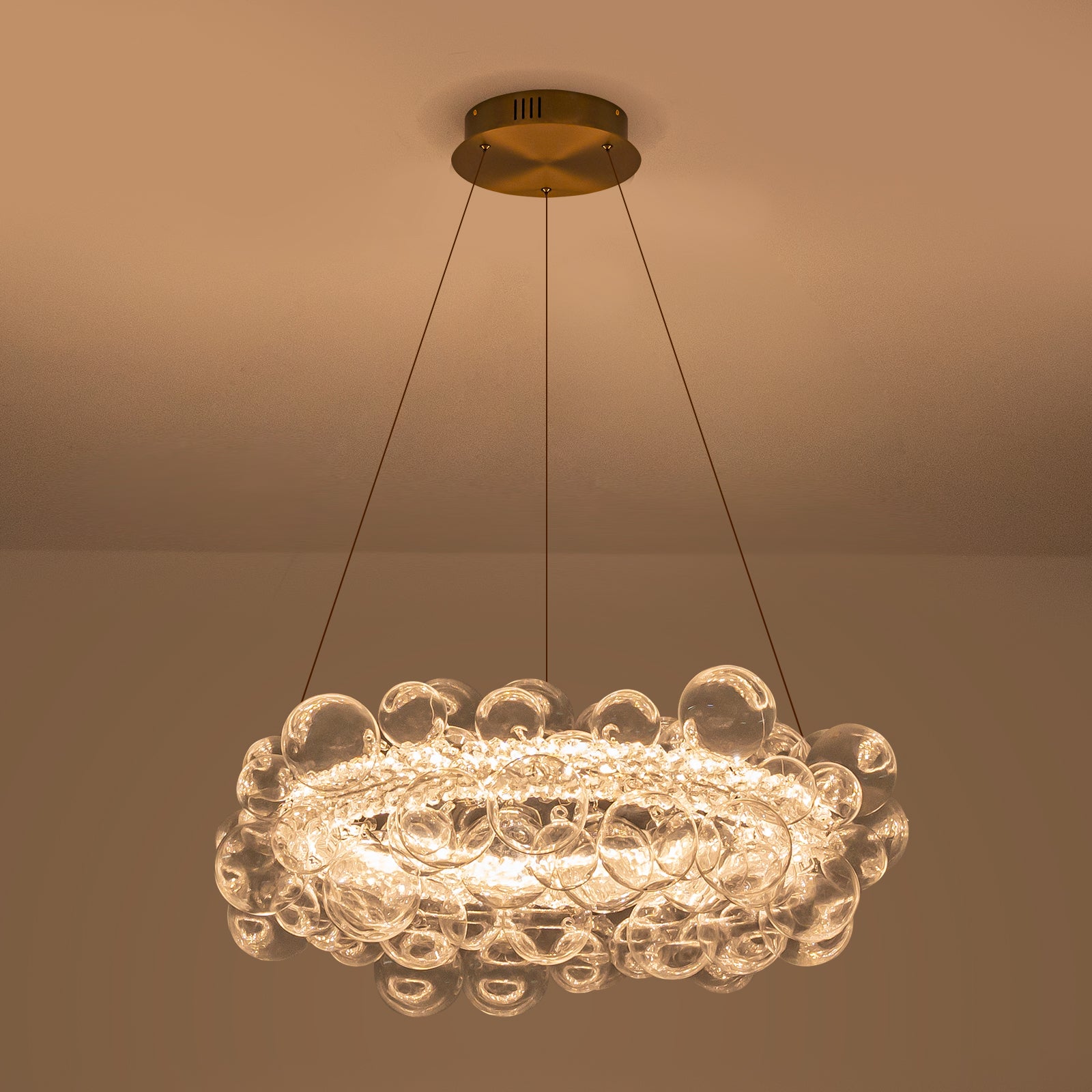 1-Light Gold Modern Round Globe Crystal Integrated LED Chandelier Dimmable Pendant Light with Glass Bubbles