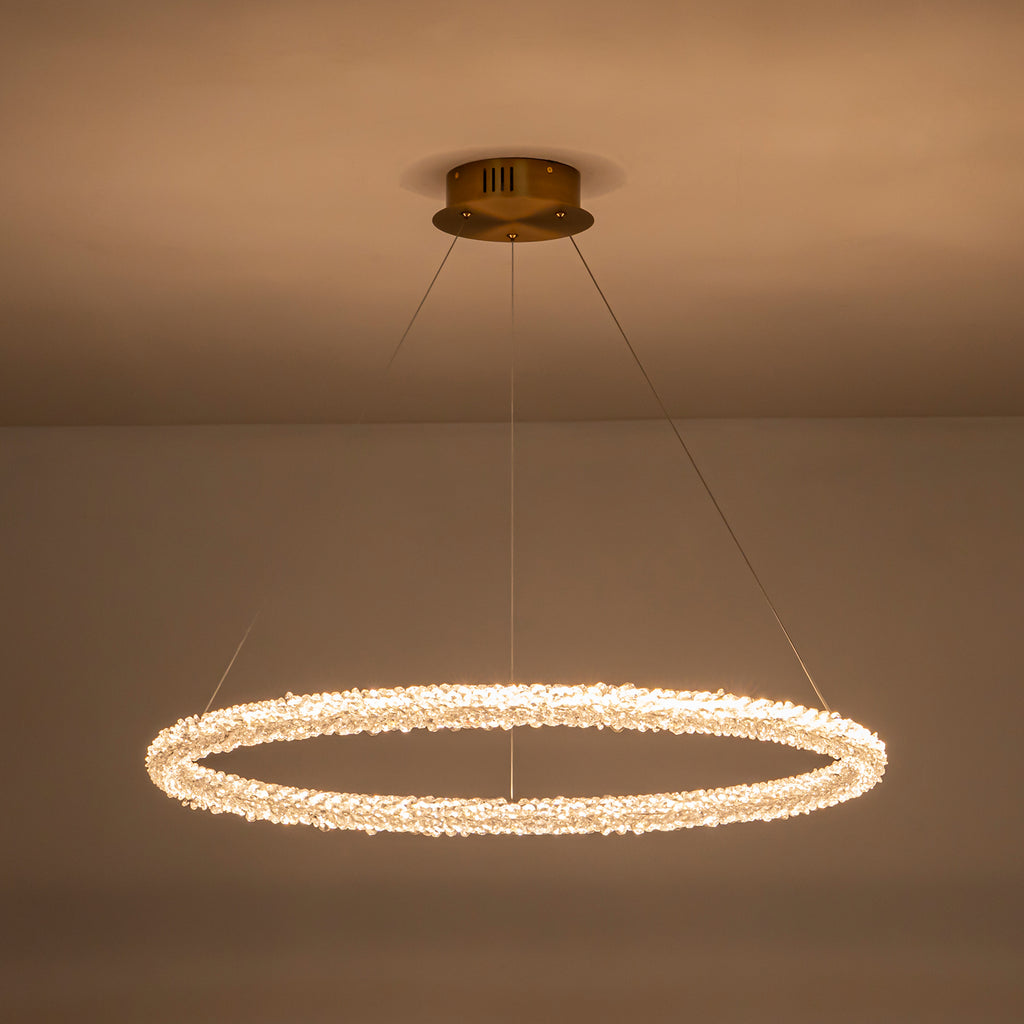 1-Light Modern Gold Metal Ring Crystal Integrated LED Pendant Light Dimmable Chandelier for Dining Room