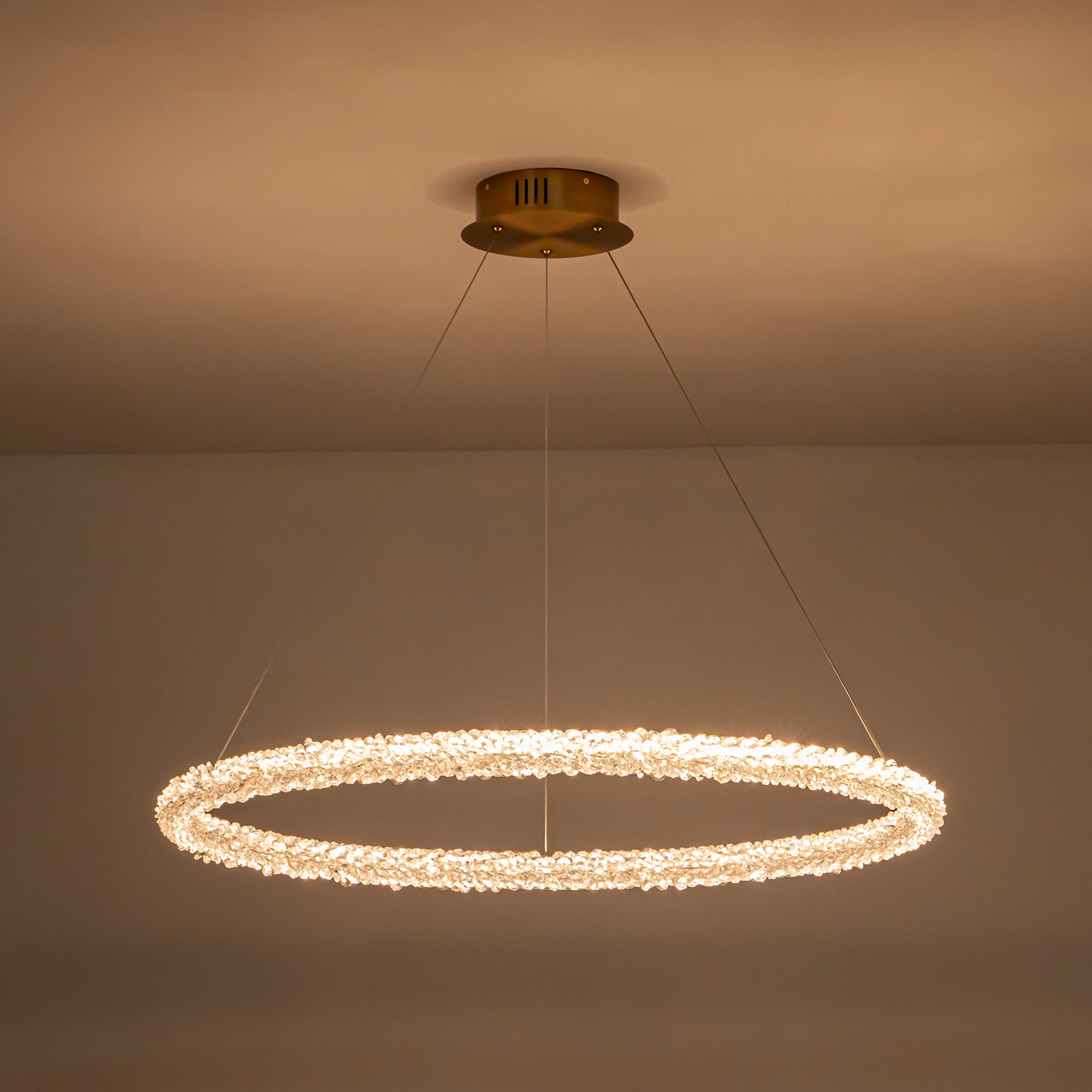 1-Light Modern Gold Metal Ring Crystal Integrated LED Pendant Light Dimmable Chandelier for Dining Room