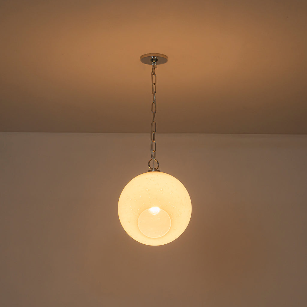Chrome Modern Globe Hanging Pendant Light with White Bubble Glass Shade for Kitchen Island, Dining