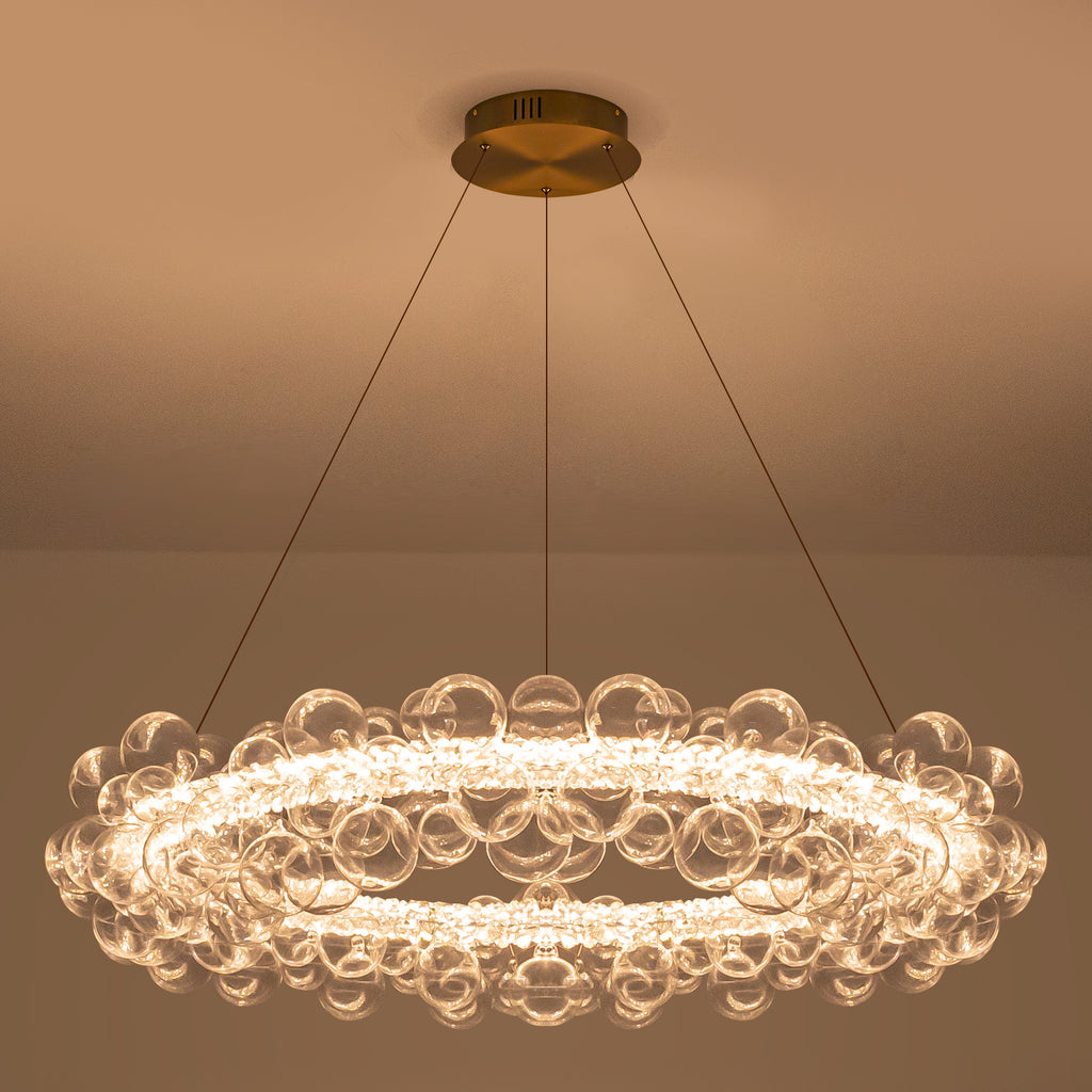 1-Light Gold Modern Round Globe Crystal Integrated LED Chandelier Dimmable Pendant Light with Glass Bubbles