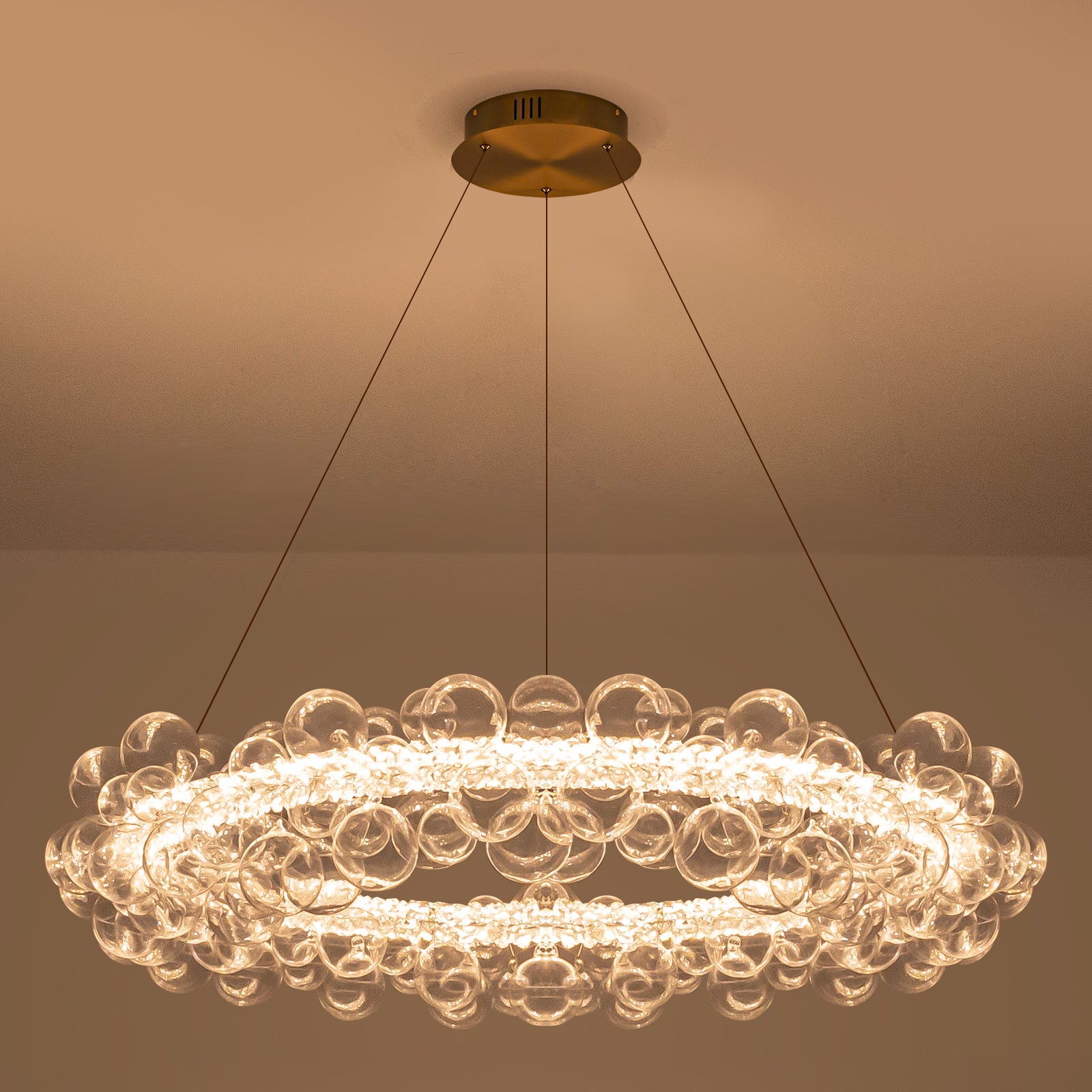 1-Light Gold Modern Round Globe Crystal Integrated LED Chandelier Dimmable Pendant Light with Glass Bubbles