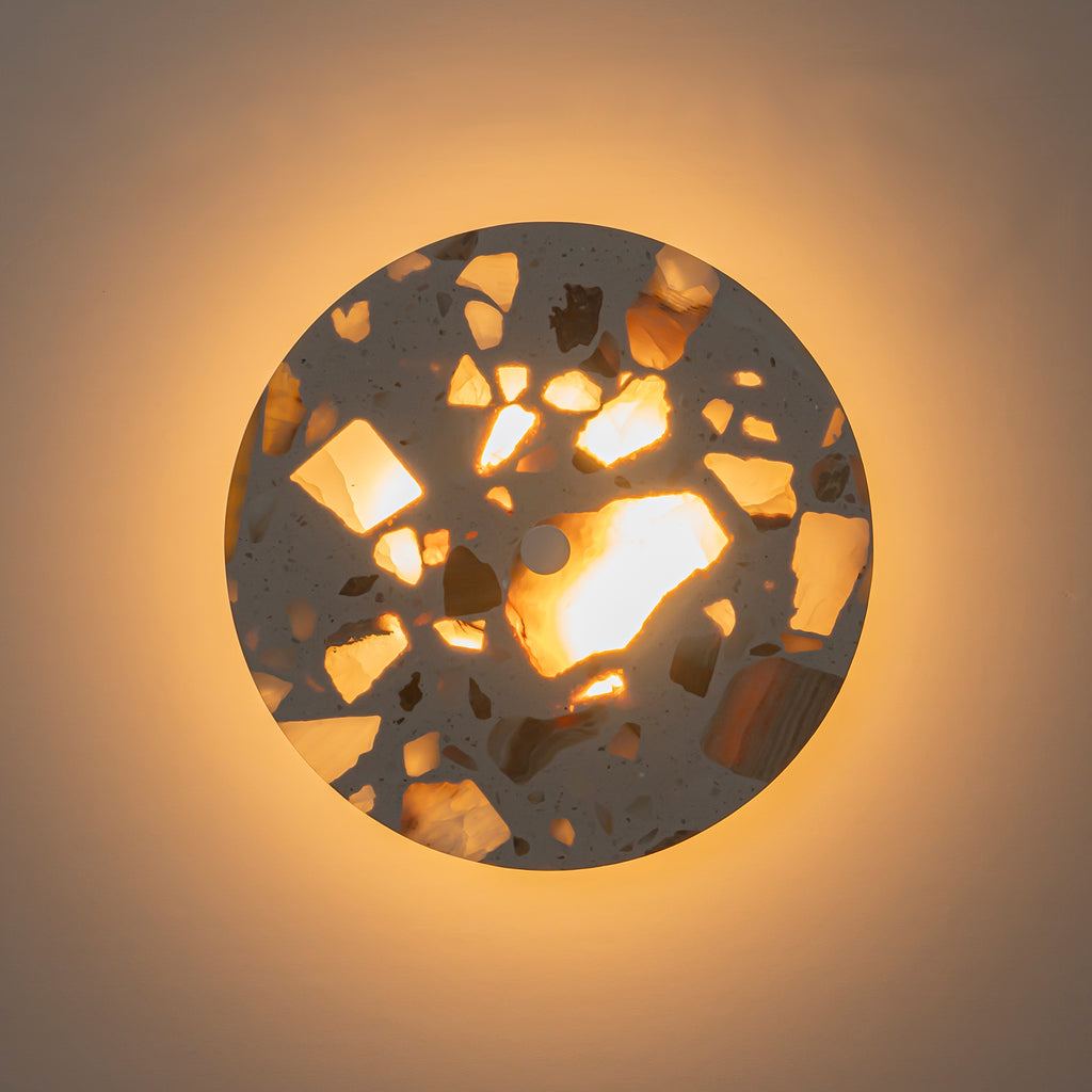 8.07 in. 1-Light Modern Round Dimmable LED Wall Sconce Light with Mable Terrazzo Shade for Bedroom Foyer Hallway