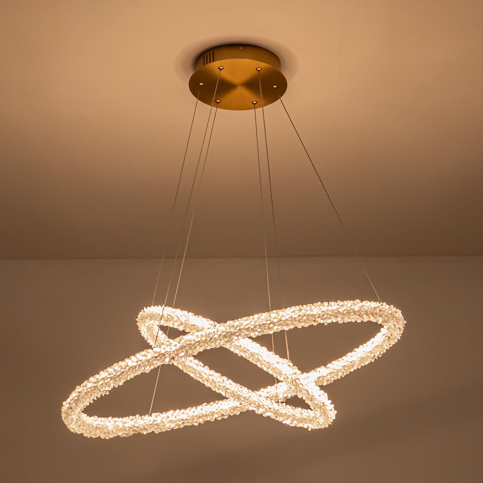 2-Light Modern Gold Double Ring Dimmable Integrated LED Chandelier Tiered Pendant Light with Crystal for Dining Room
