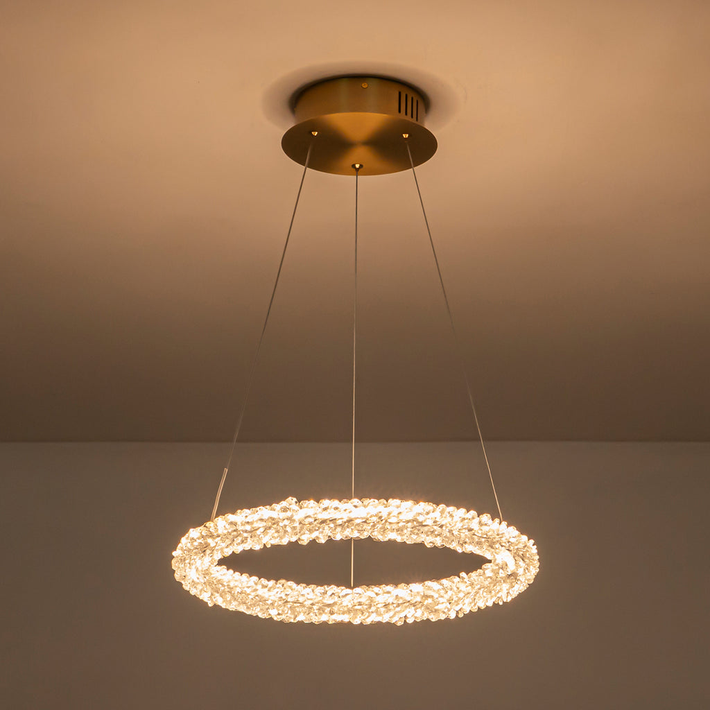 1-Light Modern Gold Metal Ring Crystal Integrated LED Pendant Light Dimmable Chandelier for Dining Room
