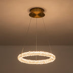 1-Light Modern Gold Metal Ring Crystal Integrated LED Pendant Light Dimmable Chandelier for Dining Room