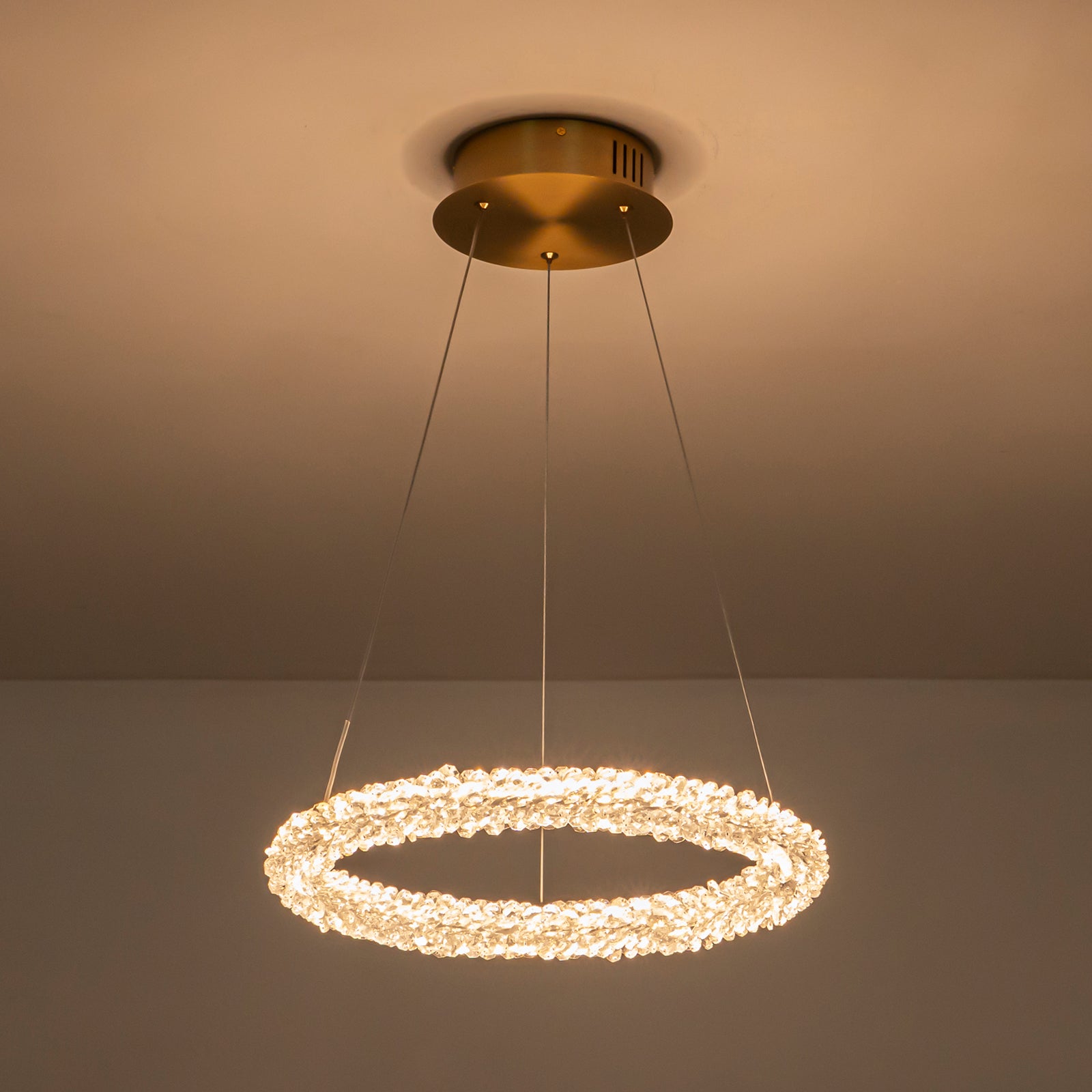 1-Light Modern Gold Metal Ring Crystal Integrated LED Pendant Light Dimmable Chandelier for Dining Room