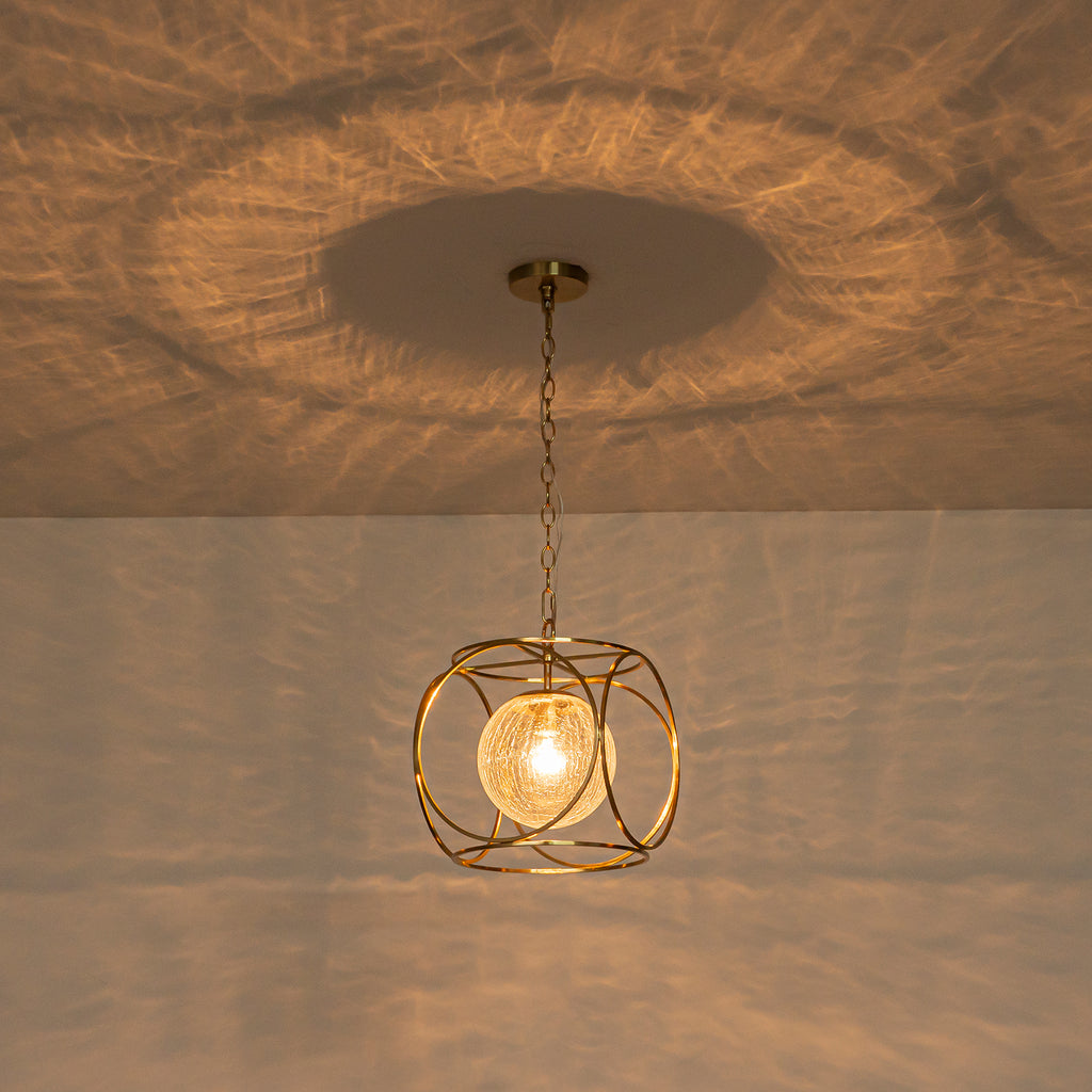 11.5 in. 1-Light Modern Copper Metal Pendant Light with Clear Crackle Globe Glass Shade for Kitchen Island, Dining Room