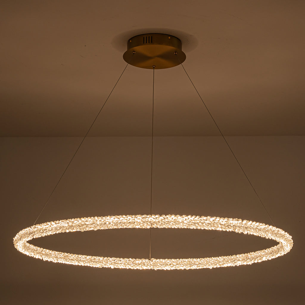 1-Light Modern Gold Metal Ring Crystal Integrated LED Pendant Light Dimmable Chandelier for Dining Room