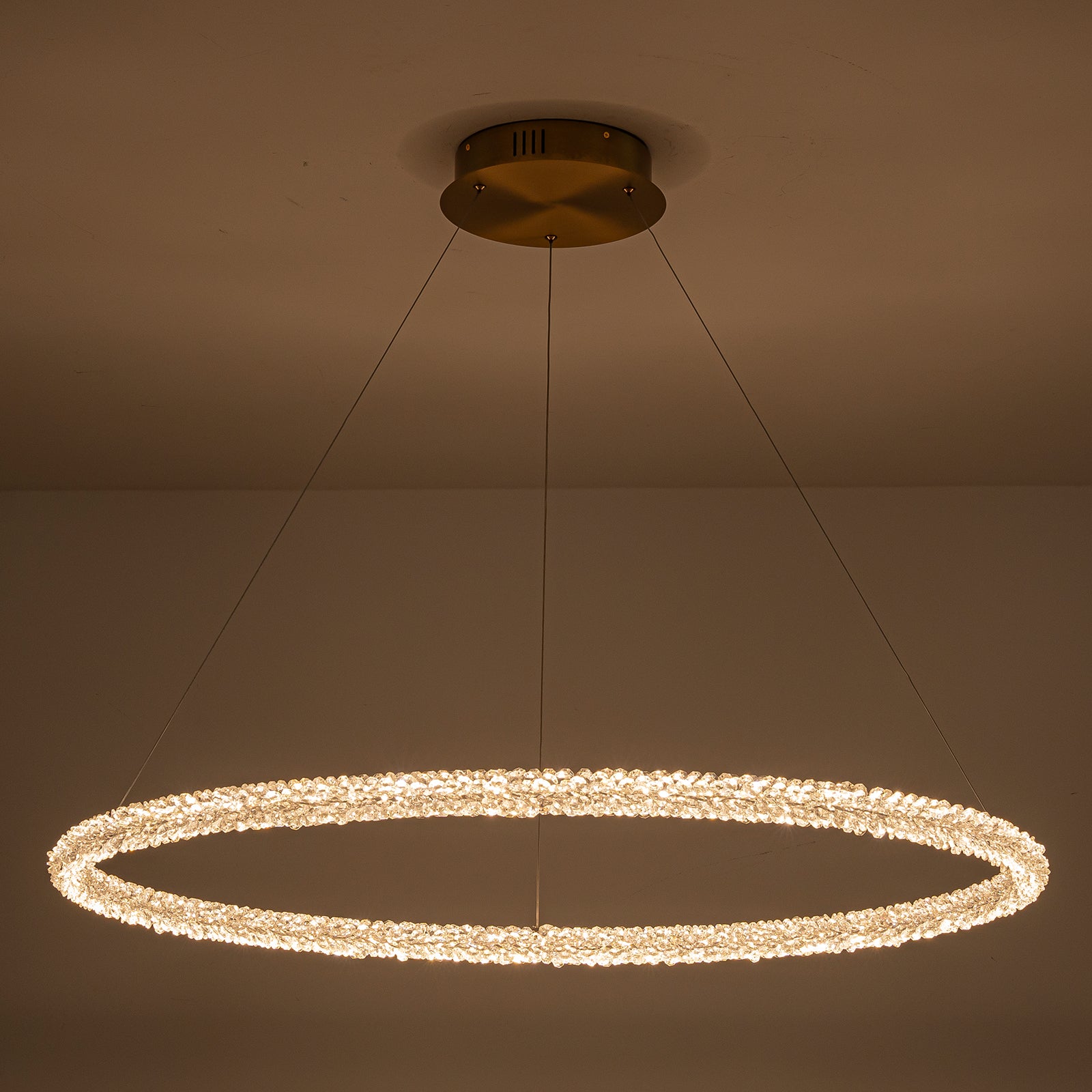 1-Light Modern Gold Metal Ring Crystal Integrated LED Pendant Light Dimmable Chandelier for Dining Room