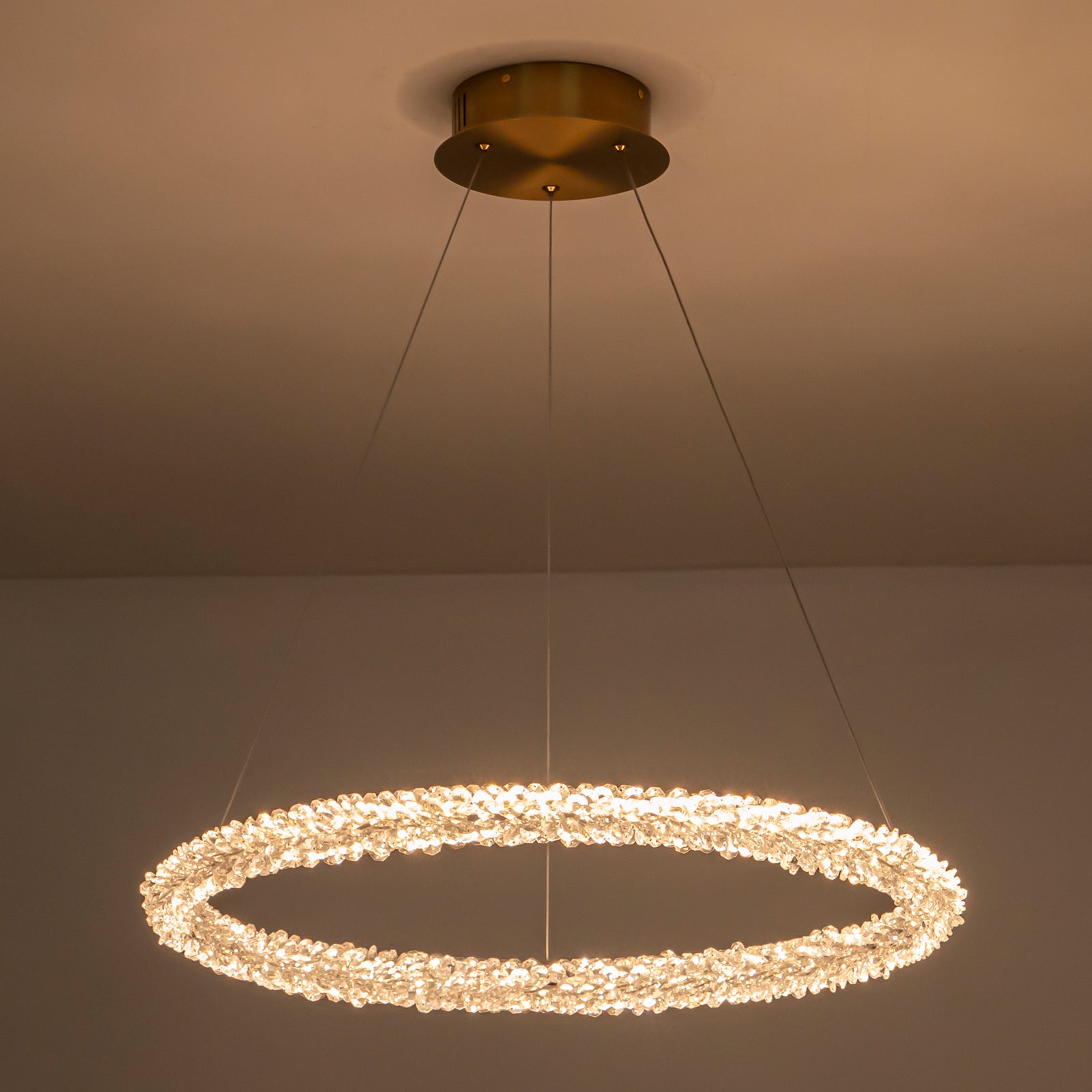 1-Light Modern Gold Metal Ring Crystal Integrated LED Pendant Light Dimmable Chandelier for Dining Room