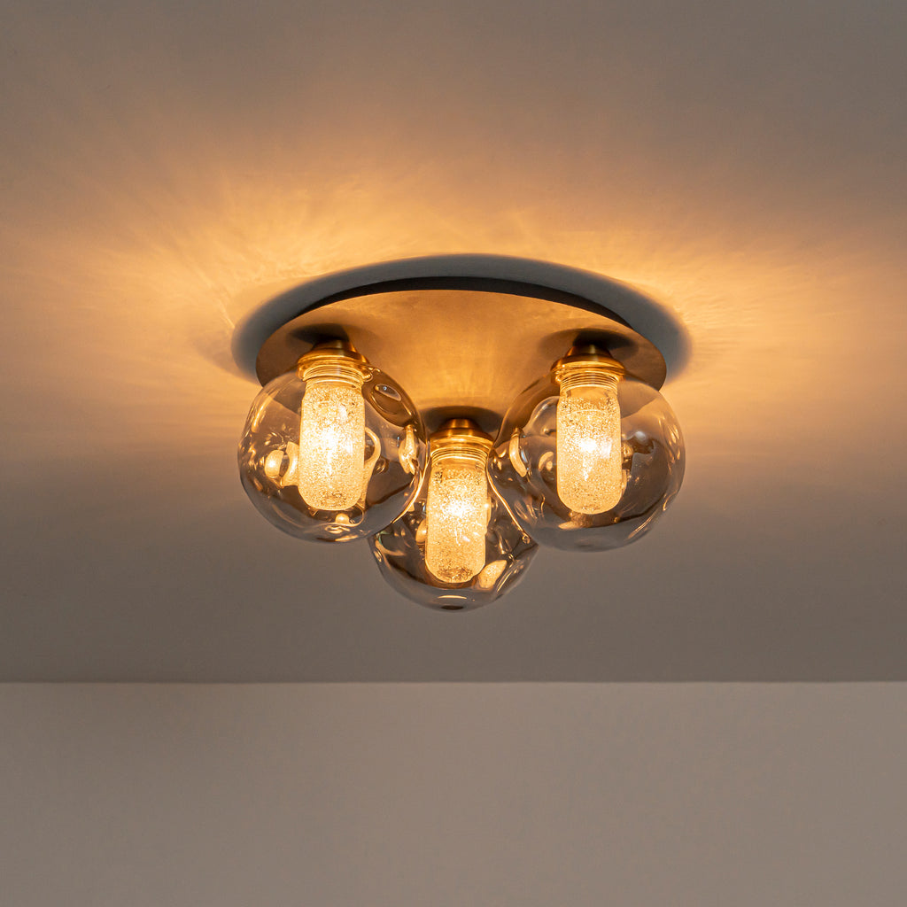 17.7 in. 3-Light Modern Black Metal Flush Mount Ceiling Light with Globe Smoky Gray Glass Shades for Dining Roo