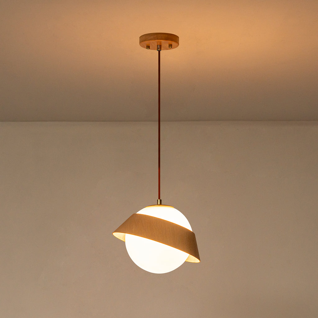 10.63 in. 1-Light Wooden Globe Hanging Pendant Light with White Glass Shade for Kitchen Island, Bedroom