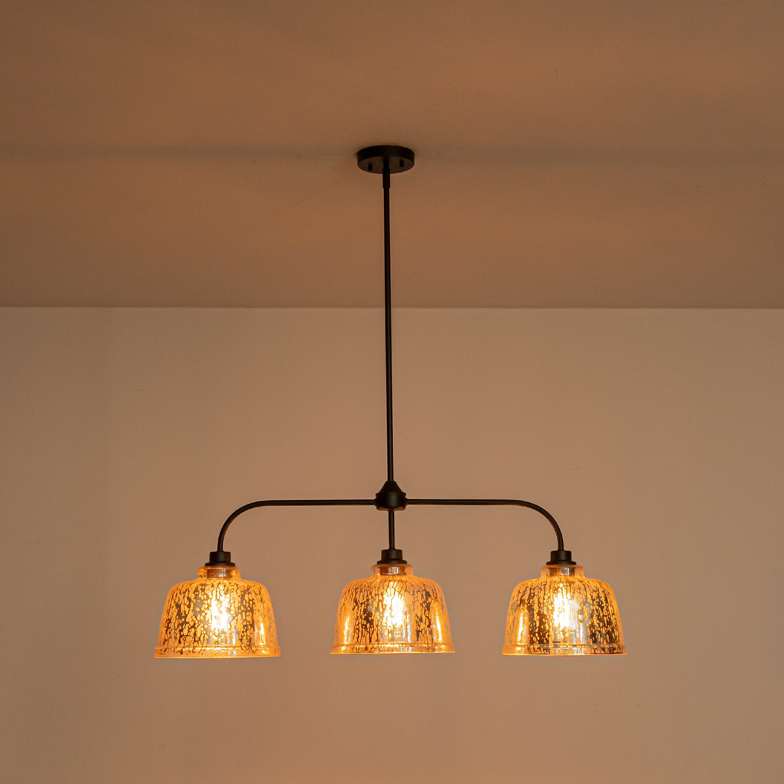 39 in. 3-Light Modern Matte Black Linear Chandelier with Textured Glass Shades for Kitchen Island