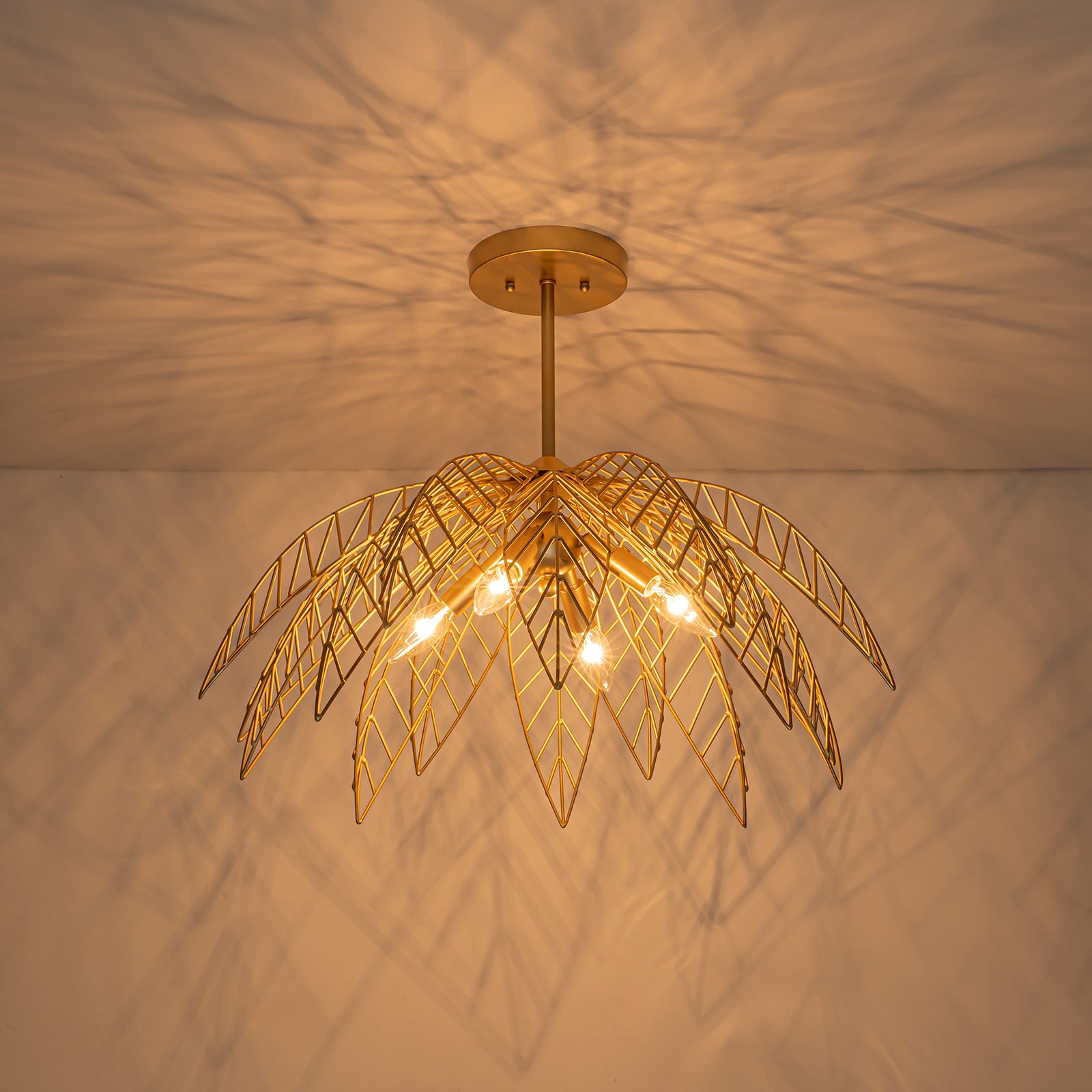 26 in. 4-Light Modern Luxury Gold Bowl Semi-Flush Mount Ceiling Light with Metal Leaf Shade