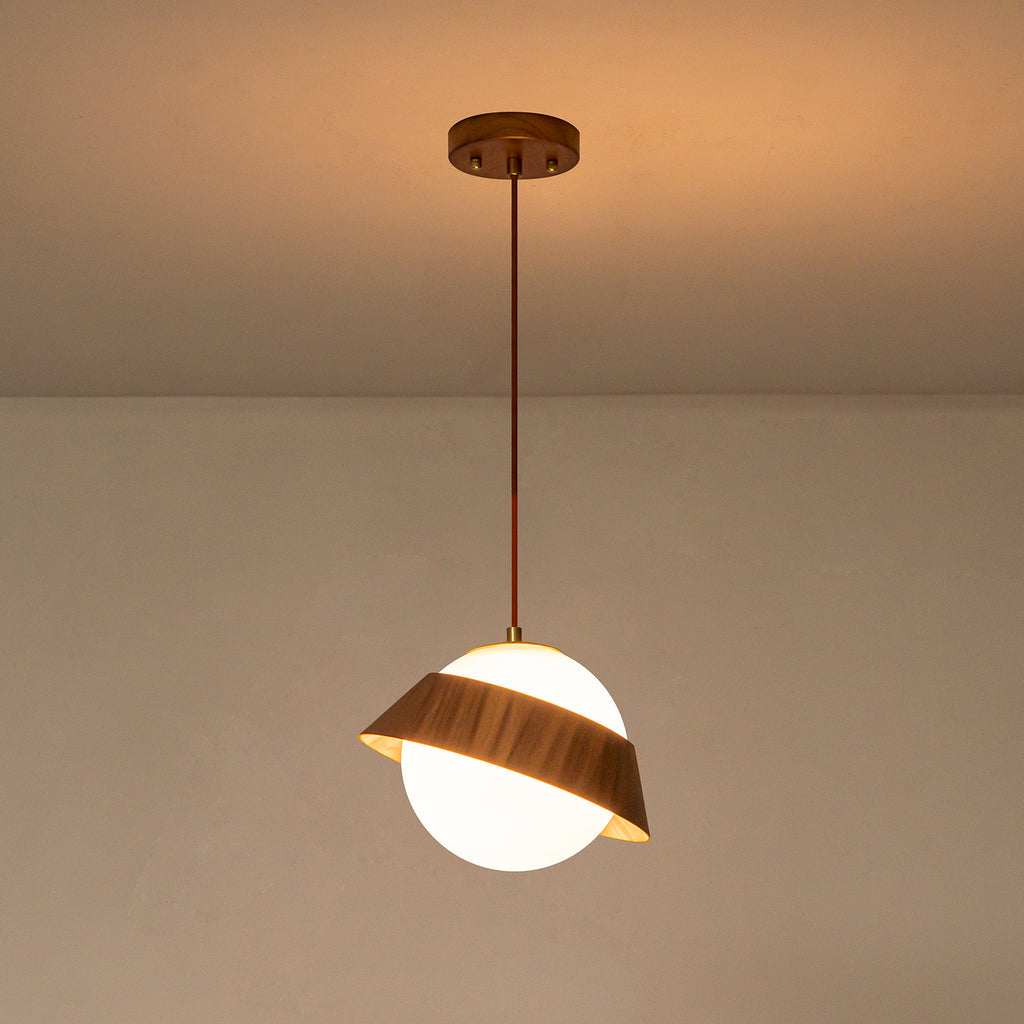 10.63 in. 1-Light Wooden Globe Hanging Pendant Light with White Glass Shade for Kitchen Island, Bedroom