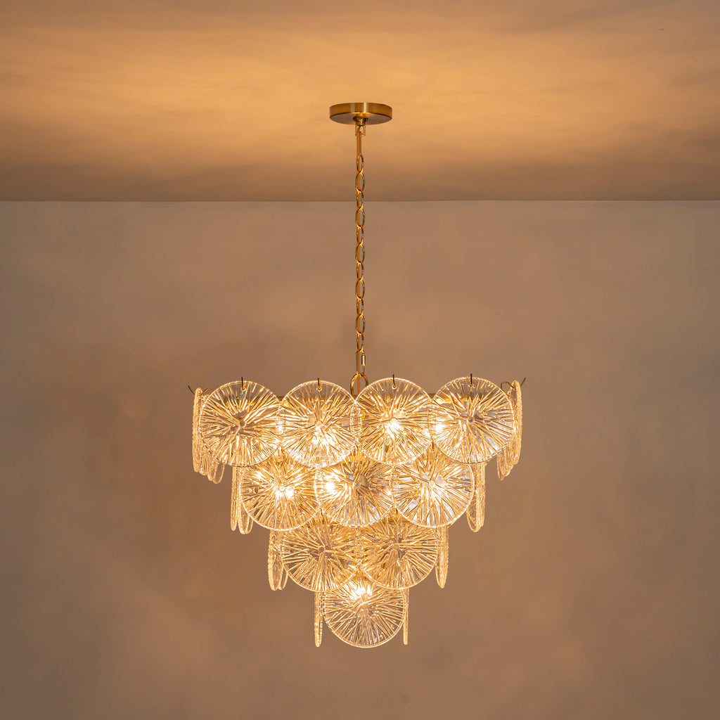 24 in. 13-Light Modern Gold Square Tiered Chandelier with Textured Clear Glass Petal Shades for Living Room