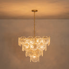 24 in. 13-Light Modern Gold Square Tiered Chandelier with Textured Clear Glass Petal Shades for Living Room