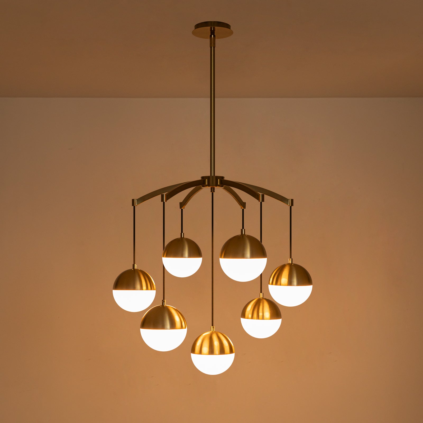 27.4 in. 7-Light Modern Brass Metal Globe Chandelier Hanging Light with White Glass Shades for Living Room