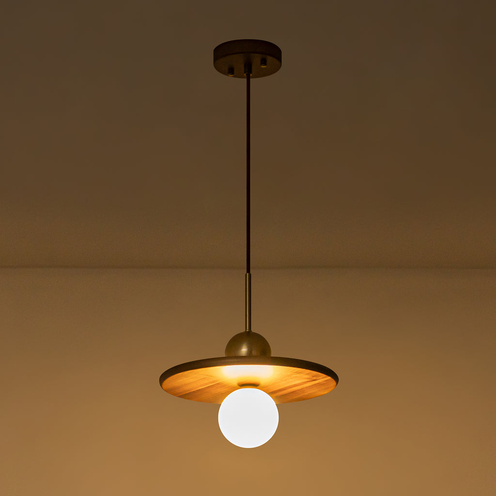 25-Watt 1-Light Modern Gold and Wood Pendant Light with White Globe Glass Shade for Bedroom