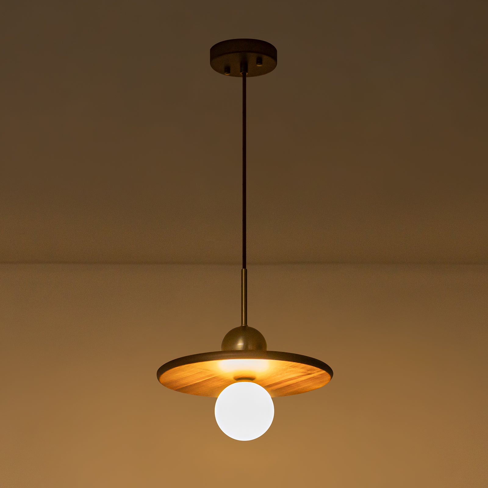 25-Watt 1-Light Modern Gold and Wood Pendant Light with White Globe Glass Shade for Bedroom
