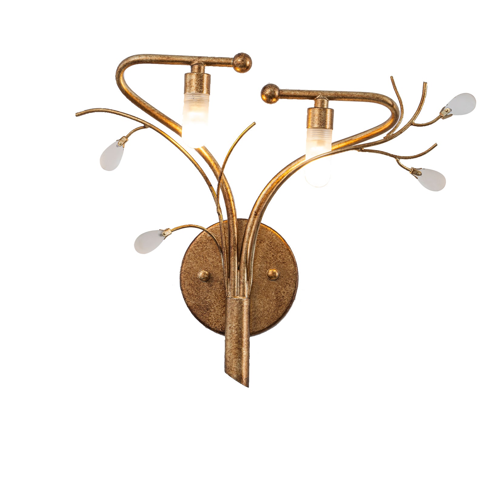 16.14 in. 2-Light Antique Gold Wall Sconce with Clouded Glass Shade, Bedroom Living Room Wall Light