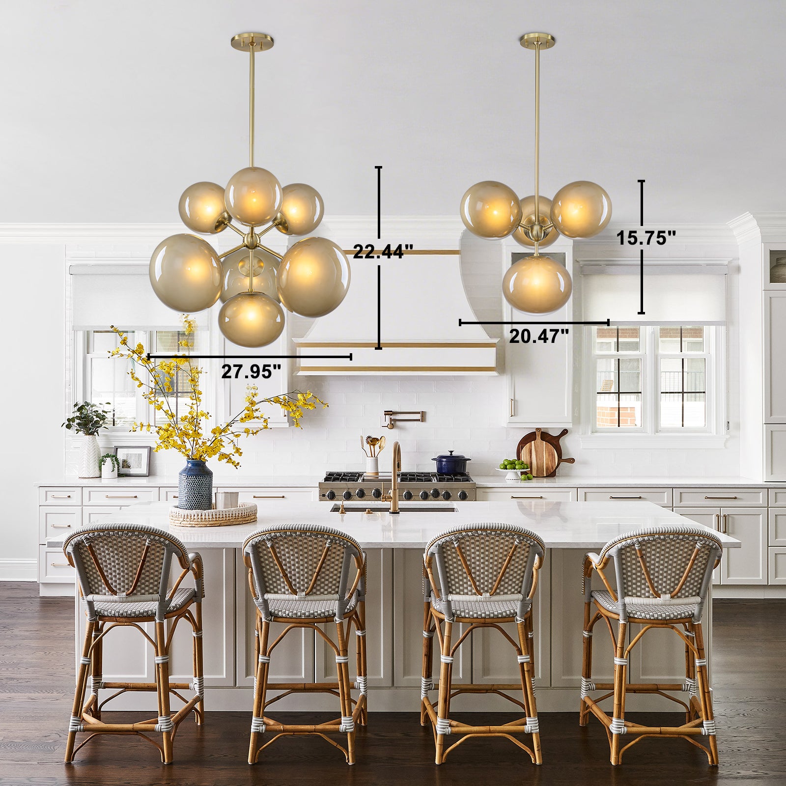 4/7-Light Mid-Century Modern Gold Cluster Chandelier with Coffee Globe Glass Shades