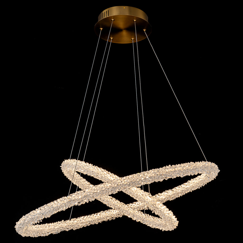 2-Light Modern Gold Double Ring Dimmable Integrated LED Chandelier Tiered Pendant Light with Crystal for Dining Room