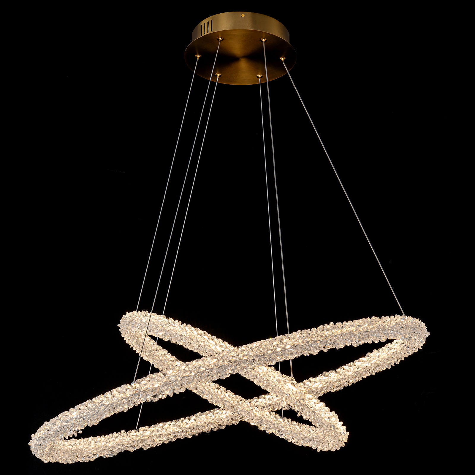 2-Light Modern Gold Double Ring Dimmable Integrated LED Chandelier Tiered Pendant Light with Crystal for Dining Room