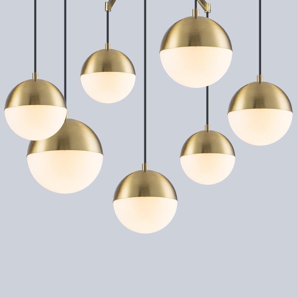 27.4 in. 7-Light Modern Brass Metal Globe Chandelier Hanging Light with White Glass Shades for Living Room
