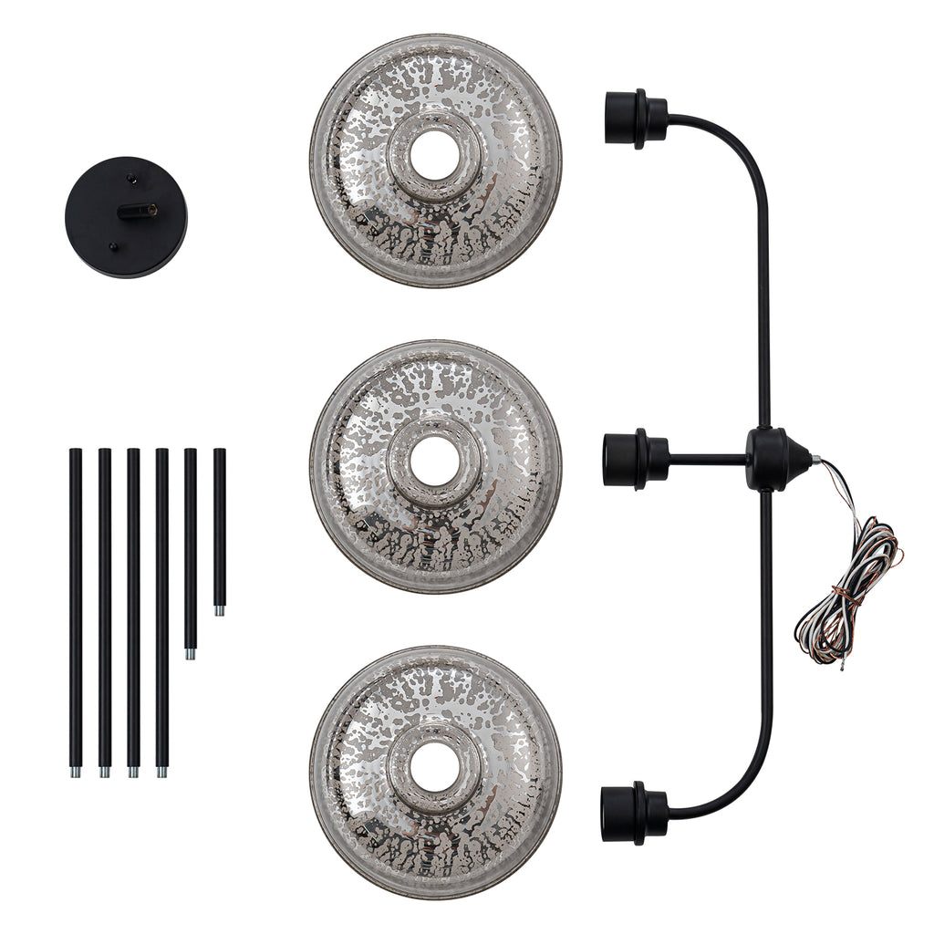 39 in. 3-Light Modern Matte Black Linear Chandelier with Textured Glass Shades for Kitchen Island