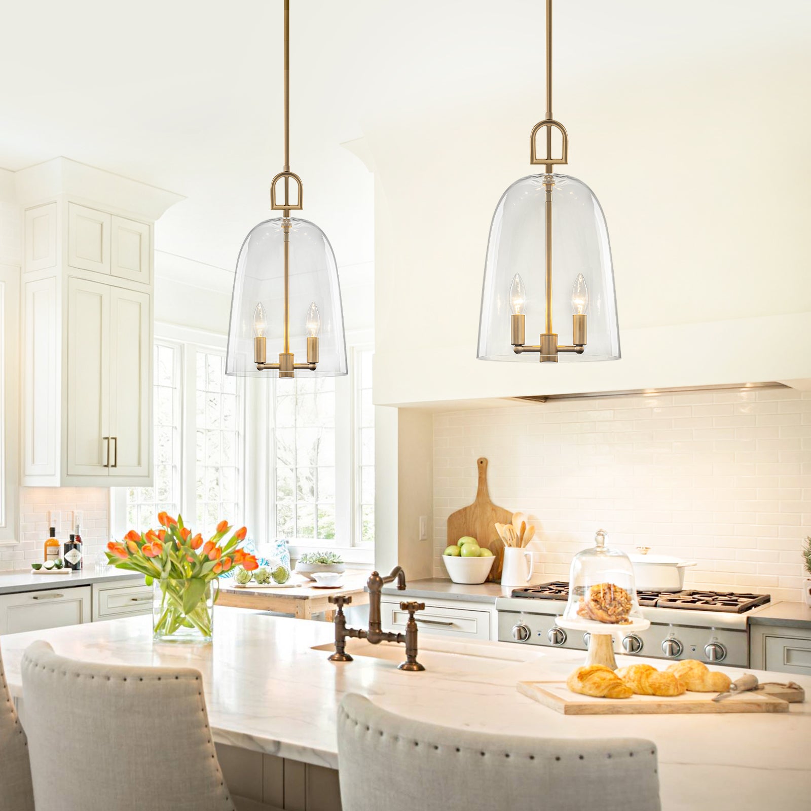 Natural Brass White Clear Glass Wood 2-Light Bell Pendant Light | SKU 81010000086458 | A81010000086458 (8).jpg